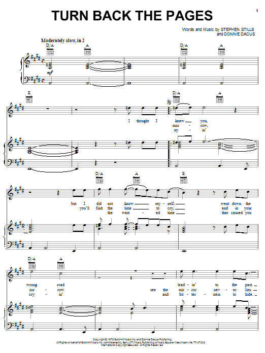 Crosby, Stills & Nash Turn Back The Pages Sheet Music Notes & Chords for Piano, Vocal & Guitar (Right-Hand Melody) - Download or Print PDF