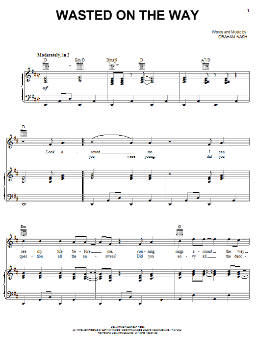 Crosby, Stills & Nash Wasted On The Way Sheet Music Notes & Chords for Melody Line, Lyrics & Chords - Download or Print PDF