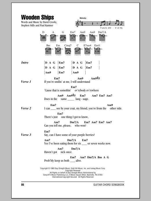 Crosby, Stills & Nash Wooden Ships Sheet Music Notes & Chords for Lyrics & Chords - Download or Print PDF