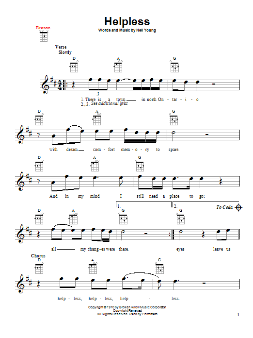 Crosby, Stills, Nash & Young Helpless Sheet Music Notes & Chords for Ukulele - Download or Print PDF