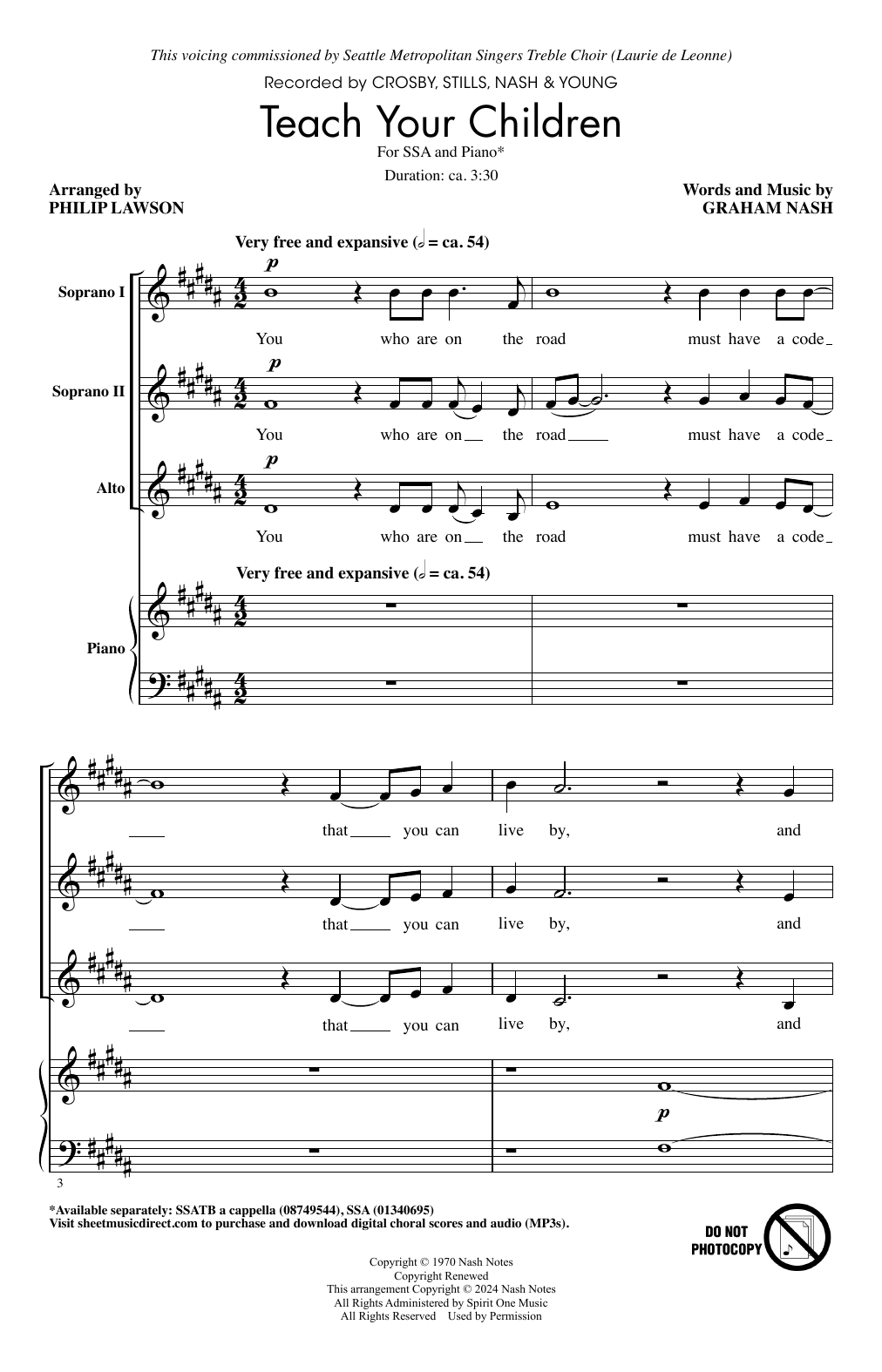 Crosby, Stills, Nash & Young Teach Your Children (arr. Philip Lawson) Sheet Music Notes & Chords for SSA Choir - Download or Print PDF