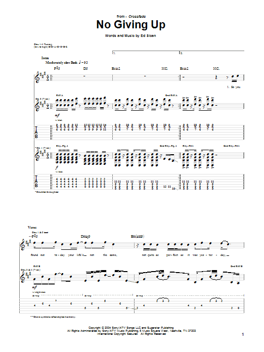 Crossfade No Giving Up Sheet Music Notes & Chords for Guitar Tab - Download or Print PDF