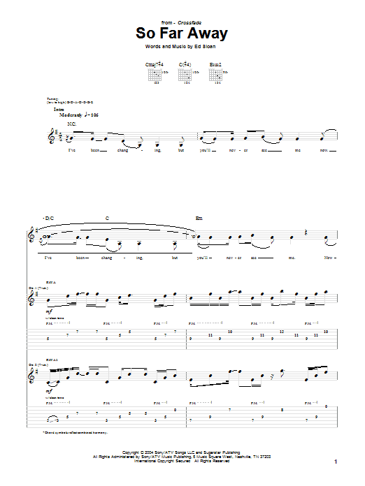 Crossfade So Far Away Sheet Music Notes & Chords for Guitar Tab - Download or Print PDF