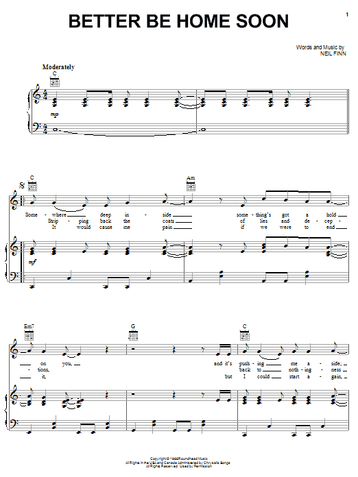 Crowded House Better Be Home Soon Sheet Music Notes & Chords for Lyrics & Chords - Download or Print PDF