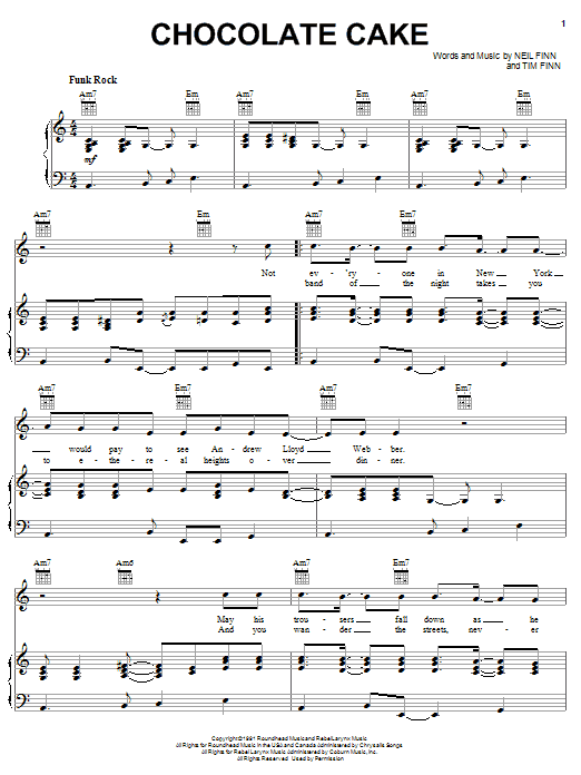 Crowded House Chocolate Cake Sheet Music Notes & Chords for Piano, Vocal & Guitar (Right-Hand Melody) - Download or Print PDF