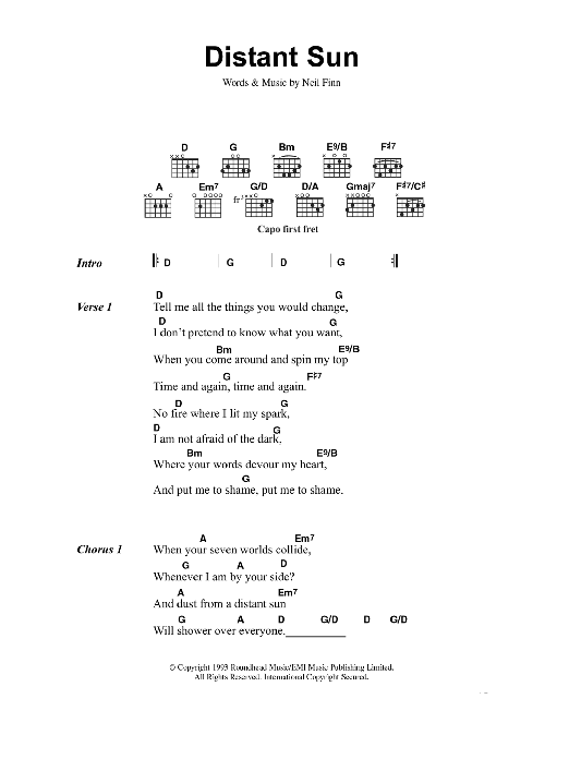 Crowded House Distant Sun Sheet Music Notes & Chords for Lyrics & Piano Chords - Download or Print PDF