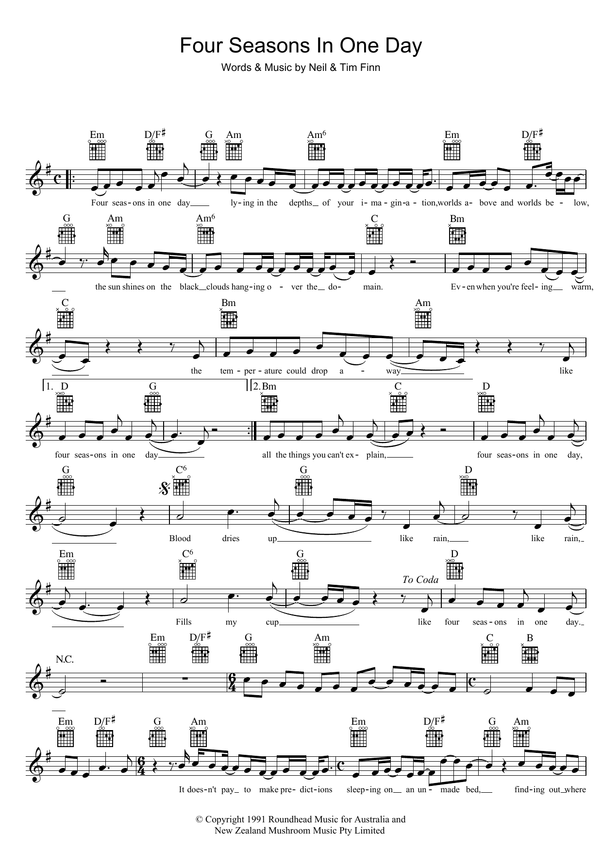 Crowded House Four Seasons In One Day Sheet Music Notes & Chords for Lyrics & Chords - Download or Print PDF