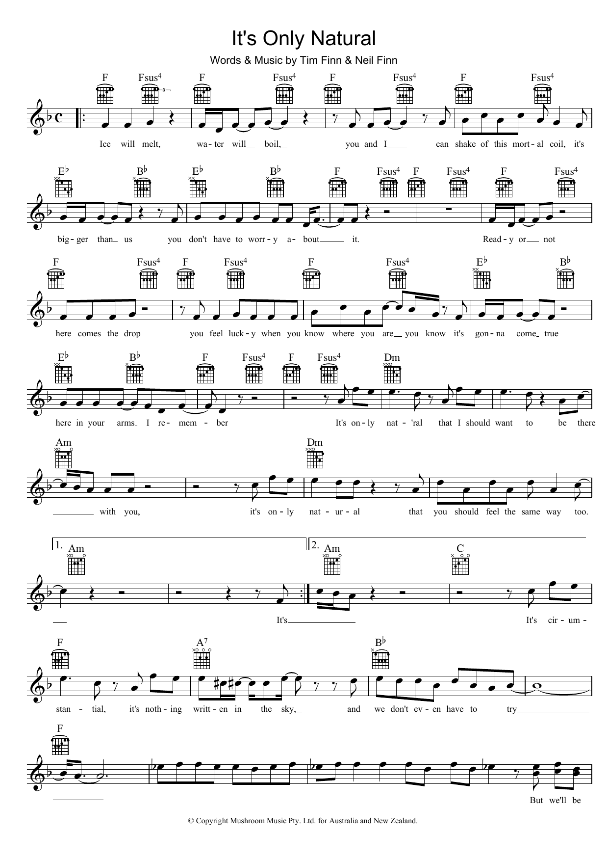 Crowded House It's Only Natural Sheet Music Notes & Chords for Melody Line, Lyrics & Chords - Download or Print PDF