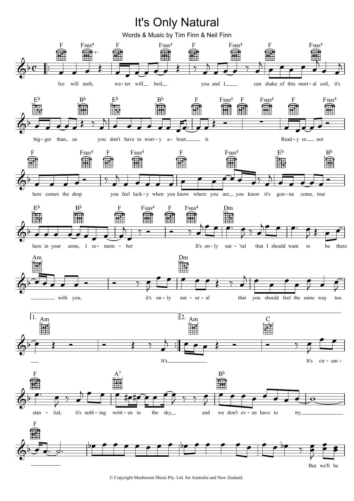 Crowded House It's Only Natural Sheet Music Notes & Chords for Piano, Vocal & Guitar (Right-Hand Melody) - Download or Print PDF