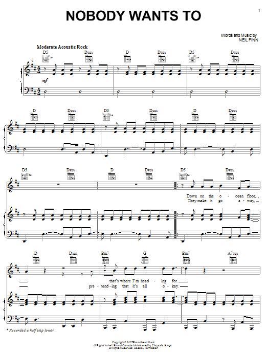 Crowded House Nobody Wants To Sheet Music Notes & Chords for Piano, Vocal & Guitar (Right-Hand Melody) - Download or Print PDF