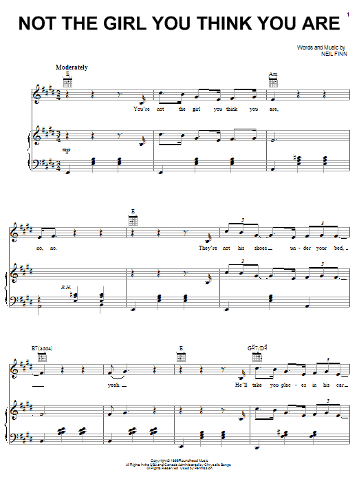 Crowded House Not The Girl You Think You Are Sheet Music Notes & Chords for Piano, Vocal & Guitar (Right-Hand Melody) - Download or Print PDF Crowded House Not The Girl You Think You Are Sheet Music Notes & Chords for Piano, Vocal & Guitar (Right-Hand Melody) - Download or Print PDF