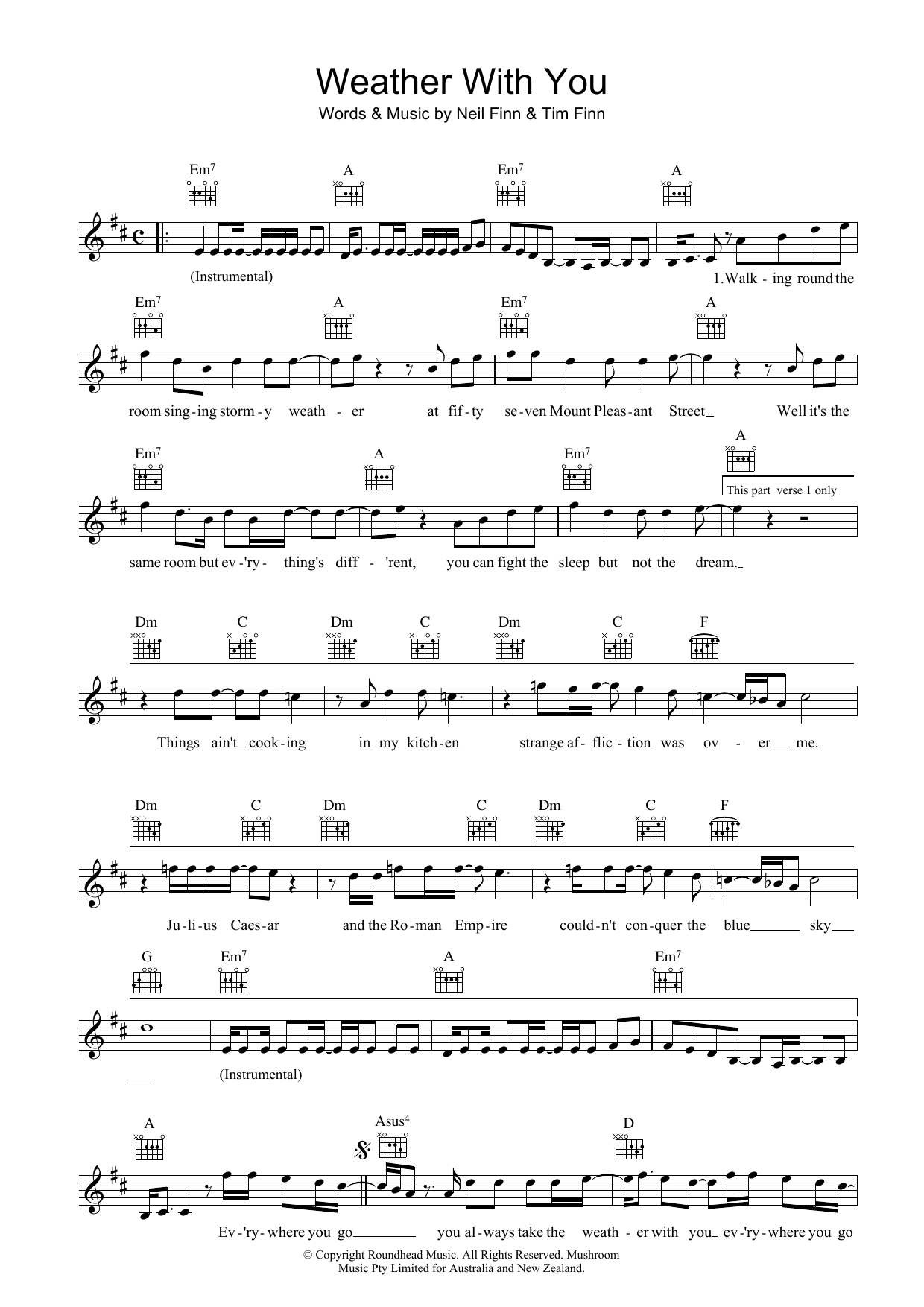 Crowded House Weather With You Sheet Music Notes & Chords for Piano, Vocal & Guitar (Right-Hand Melody) - Download or Print PDF
