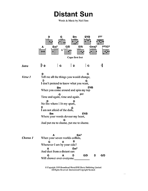 Preview Crowded House Distant Sun Rock sheet music, notes and chords for Lyrics & Piano Chords, SKU: 109411 Distant Sun sheet music