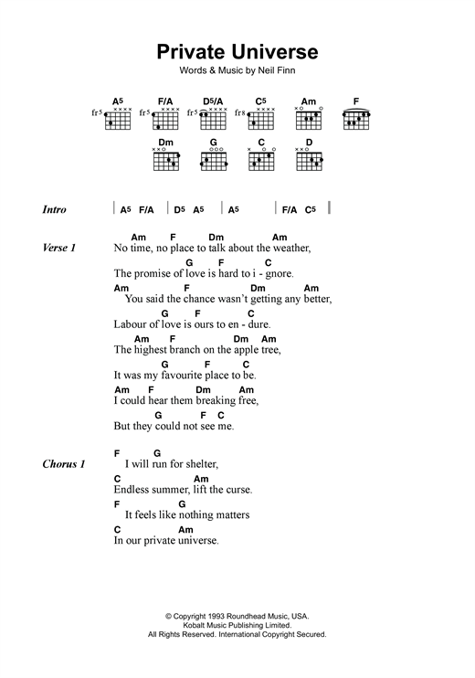 Crowded House Private Universe Sheet Music Notes & Chords for Lyrics & Chords - Download or Print PDF