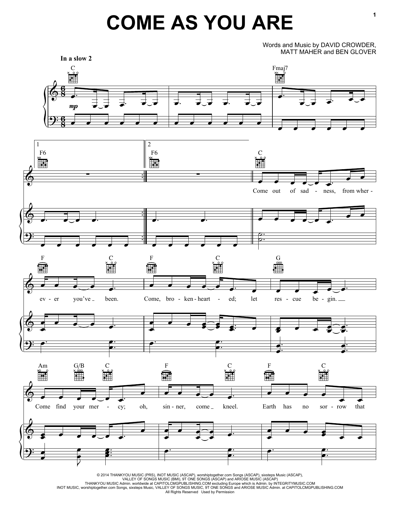 Crowder Come As You Are Sheet Music Notes & Chords for Piano, Vocal & Guitar (Right-Hand Melody) - Download or Print PDF