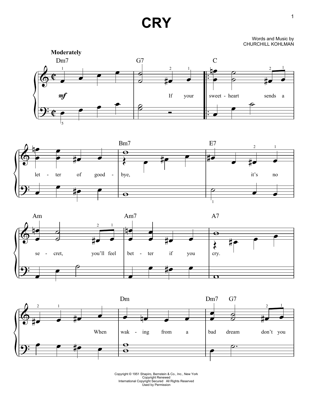 Crystal Gayle Cry Sheet Music Notes & Chords for Easy Piano - Download or Print PDF