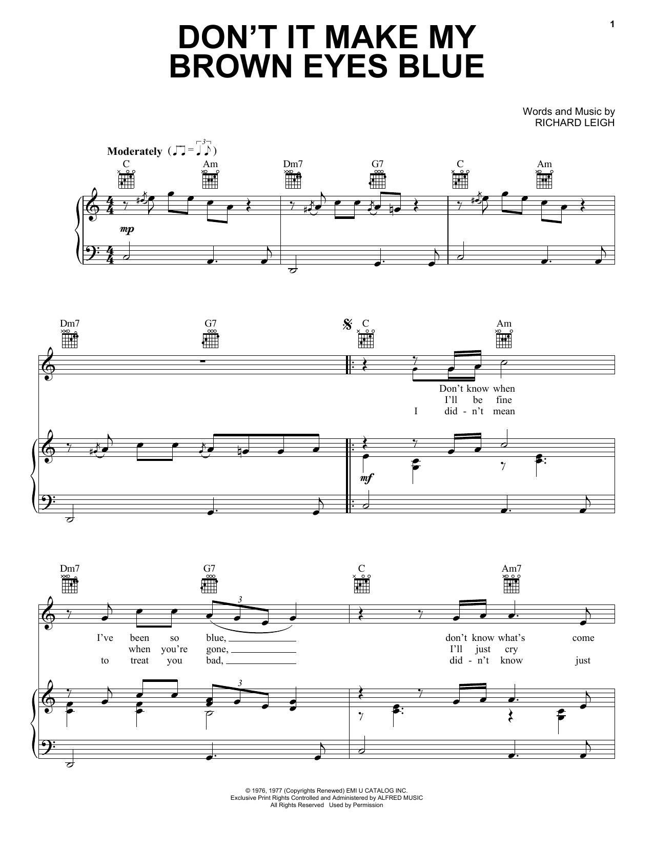 Crystal Gayle Don't It Make My Brown Eyes Blue Sheet Music Notes & Chords for Easy Piano - Download or Print PDF