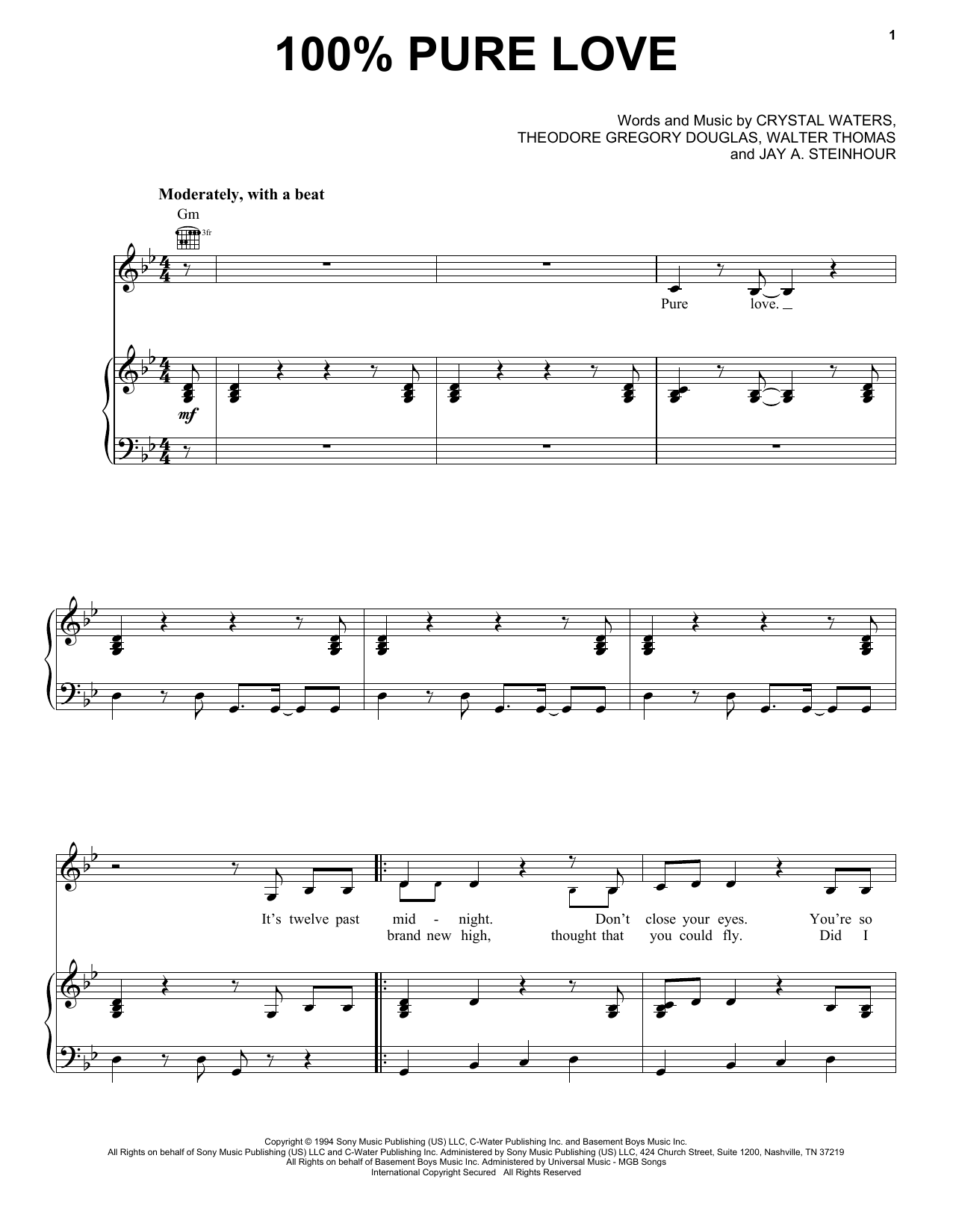 Crystal Waters 100% Pure Love Sheet Music Notes & Chords for Piano, Vocal & Guitar Chords (Right-Hand Melody) - Download or Print PDF Crystal Waters 100% Pure Love Sheet Music Notes & Chords for Piano, Vocal & Guitar Chords (Right-Hand Melody) - Download or Print PDF