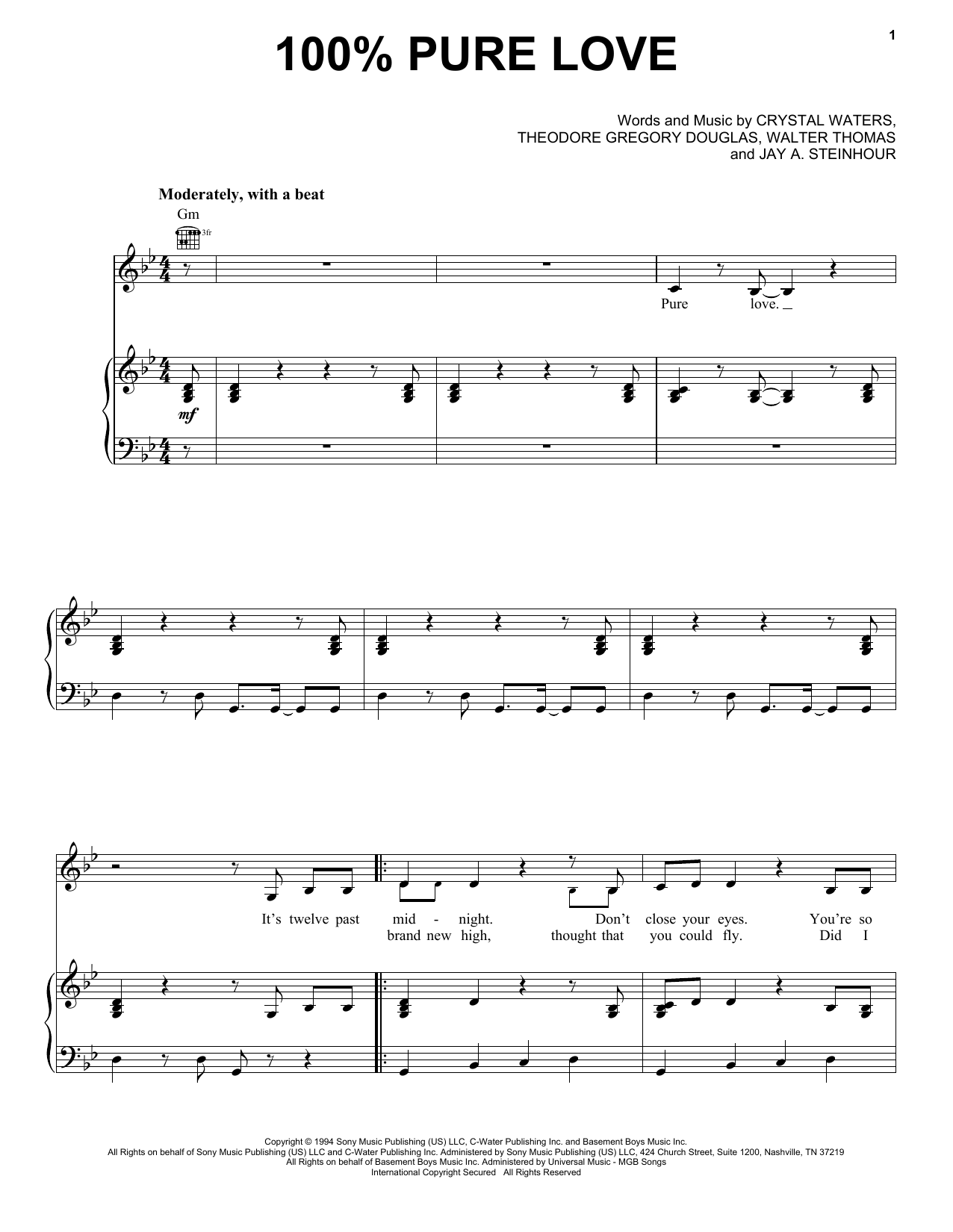 Crystal Waters 100% Pure Love Sheet Music Notes & Chords for Piano, Vocal & Guitar Chords (Right-Hand Melody) - Download or Print PDF
