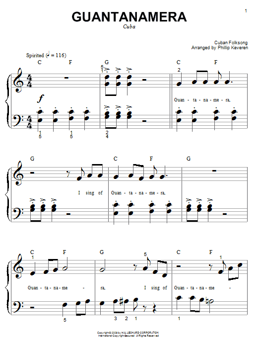 Cuban Folksong Guantanamera Sheet Music Notes & Chords for Piano (Big Notes) - Download or Print PDF