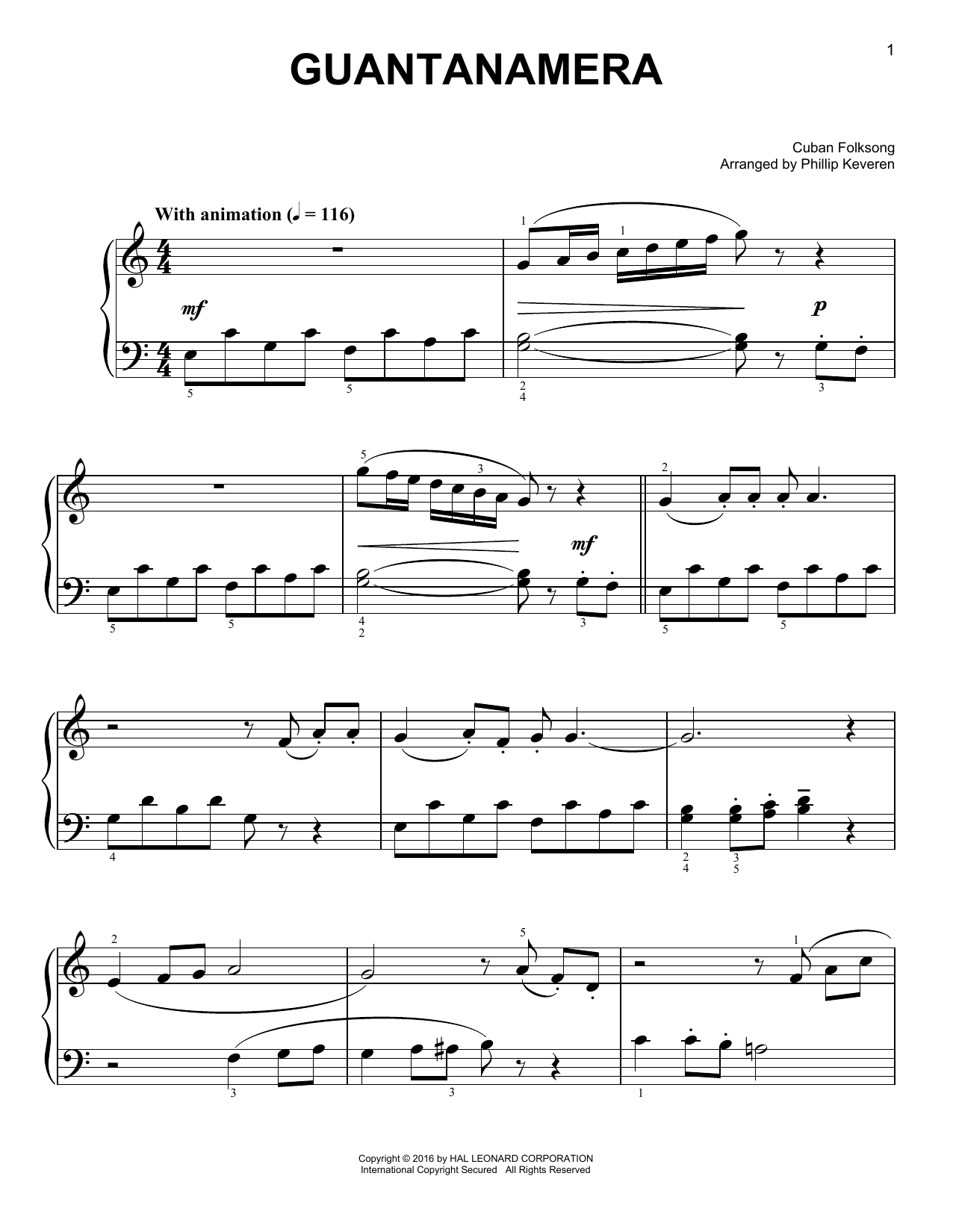 Cuban Folksong Guantanamera Sheet Music Notes & Chords for Easy Piano - Download or Print PDF