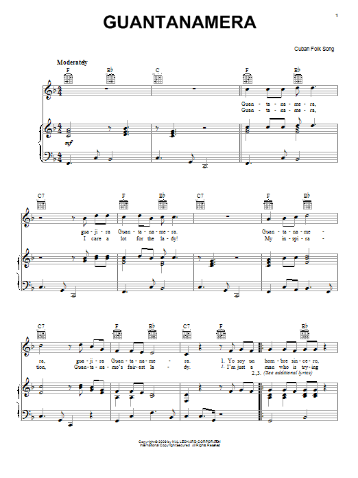 Cuban Folksong Guantanamera Sheet Music Notes & Chords for Piano, Vocal & Guitar (Right-Hand Melody) - Download or Print PDF