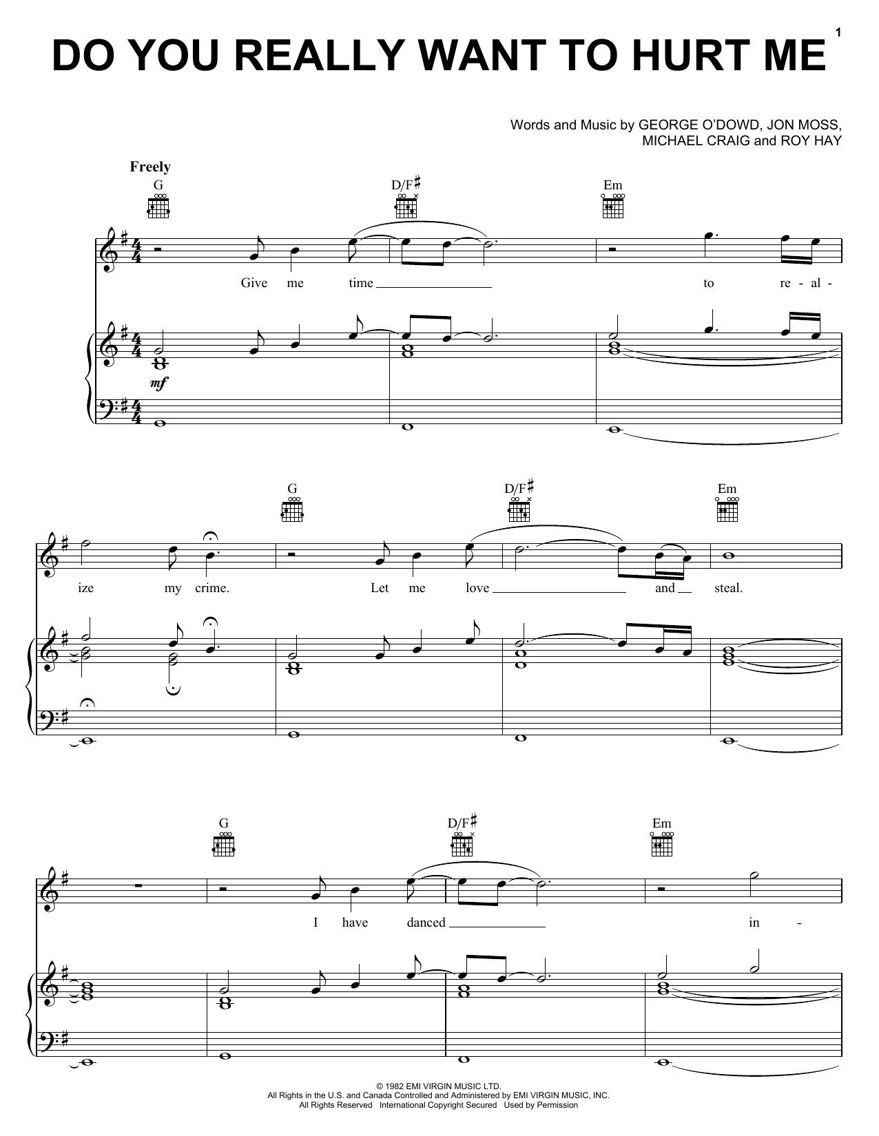 Culture Club Do You Really Want To Hurt Me Sheet Music Notes & Chords for Piano, Vocal & Guitar (Right-Hand Melody) - Download or Print PDF