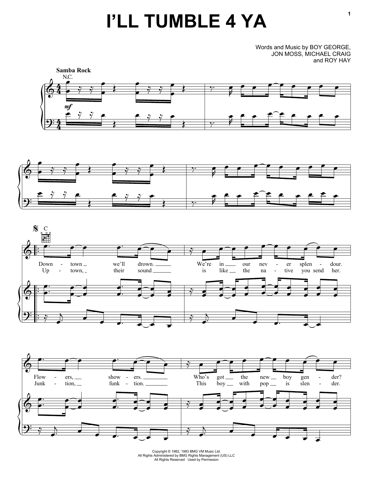 Culture Club I'll Tumble 4 Ya Sheet Music Notes & Chords for Piano, Vocal & Guitar (Right-Hand Melody) - Download or Print PDF