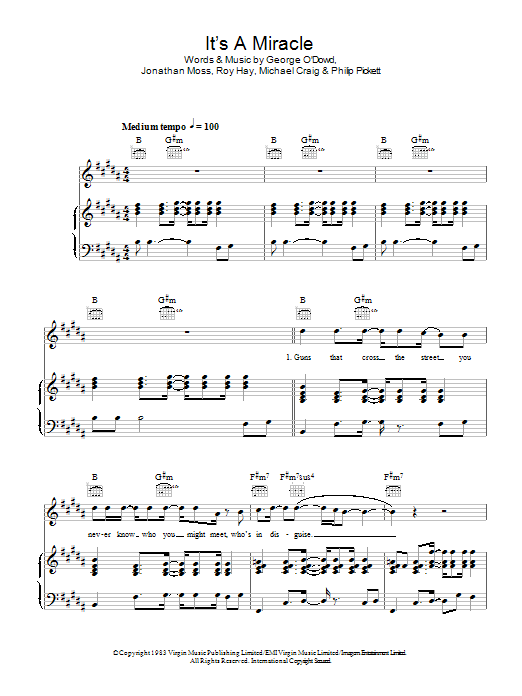 Culture Club It's A Miracle Sheet Music Notes & Chords for Piano, Vocal & Guitar - Download or Print PDF