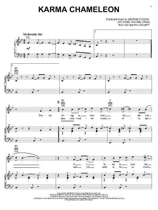 Preview Culture Club Karma Chameleon Pop sheet music, notes and chords for Piano, Vocal & Guitar, SKU: 23521 sheet music, piano notes, chords, guitar tabs, score, transpose, transcribe, how to play, guide, download, learn, tutorial, progression, song, artist, awards, billboard, mtv, vh1, tour, single, album, release