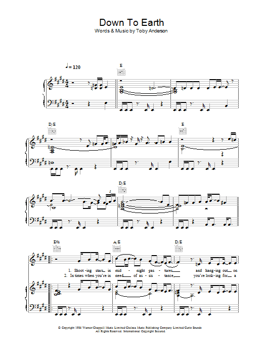 Preview Curiosity Killed The Cat Down To Earth Pop sheet music, notes and chords for Piano, Vocal & Guitar (Right-Hand Melody), SKU: 33575 Down To Earth sheet music