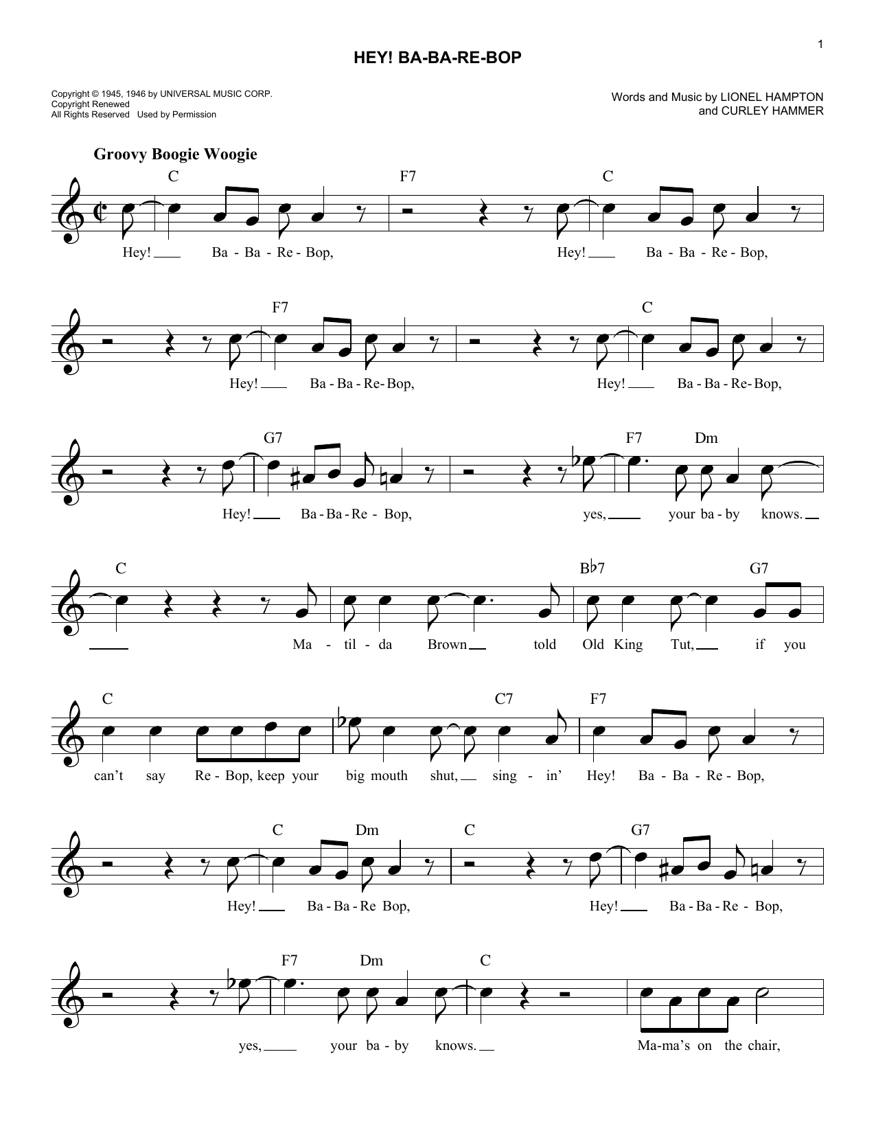 Curley Hammer Hey! Ba-Ba-Re-Bop Sheet Music Notes & Chords for Melody Line, Lyrics & Chords - Download or Print PDF Curley Hammer Hey! Ba-Ba-Re-Bop Sheet Music Notes & Chords for Melody Line, Lyrics & Chords - Download or Print PDF