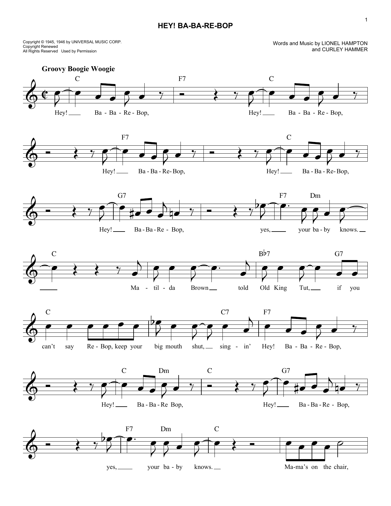 Curley Hammer Hey! Ba-Ba-Re-Bop Sheet Music Notes & Chords for Melody Line, Lyrics & Chords - Download or Print PDF