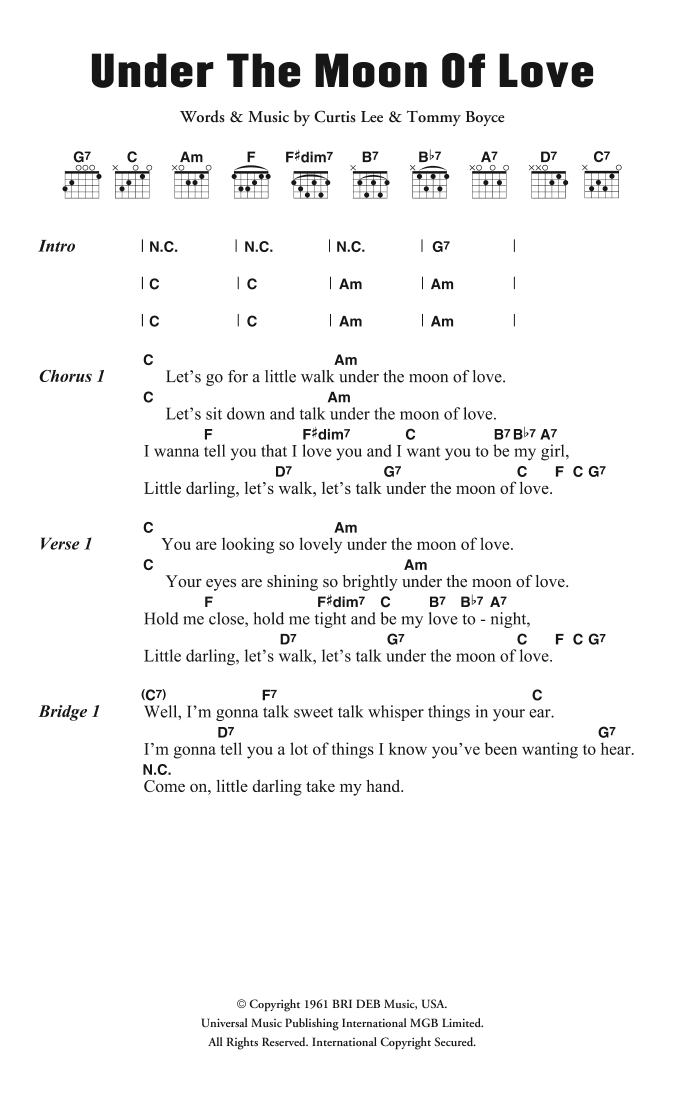 Curtis Lee Under The Moon Of Love Sheet Music Notes & Chords for Lyrics & Chords - Download or Print PDF