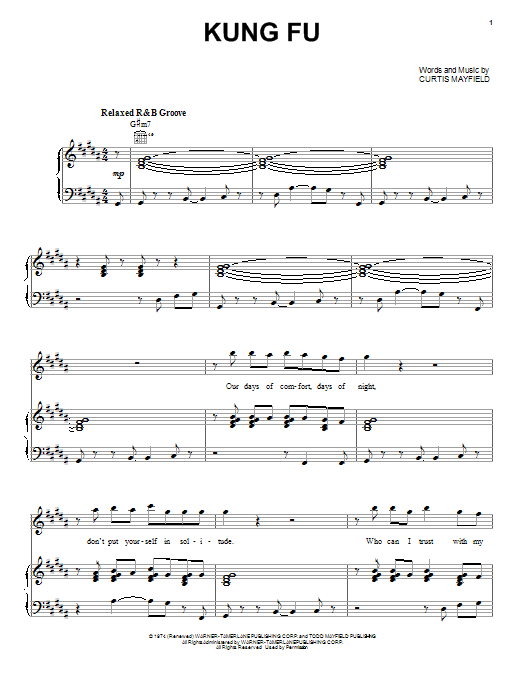 Curtis Mayfield Kung Fu Sheet Music Notes & Chords for Piano, Vocal & Guitar (Right-Hand Melody) - Download or Print PDF