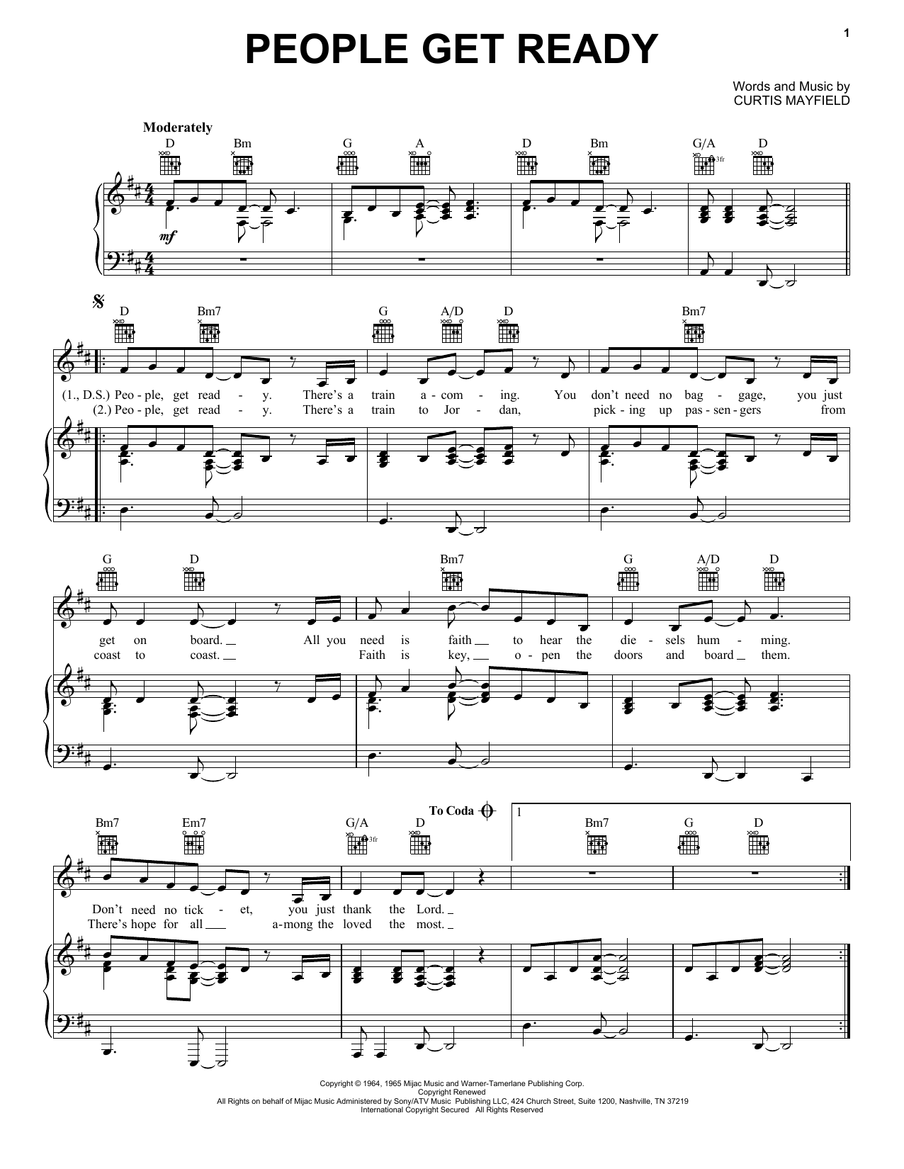 Curtis Mayfield People Get Ready Sheet Music Notes & Chords for Piano, Vocal & Guitar (Right-Hand Melody) - Download or Print PDF