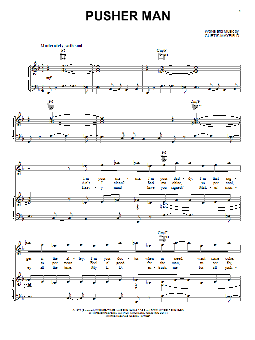 Curtis Mayfield Pusher Man Sheet Music Notes & Chords for Piano, Vocal & Guitar (Right-Hand Melody) - Download or Print PDF