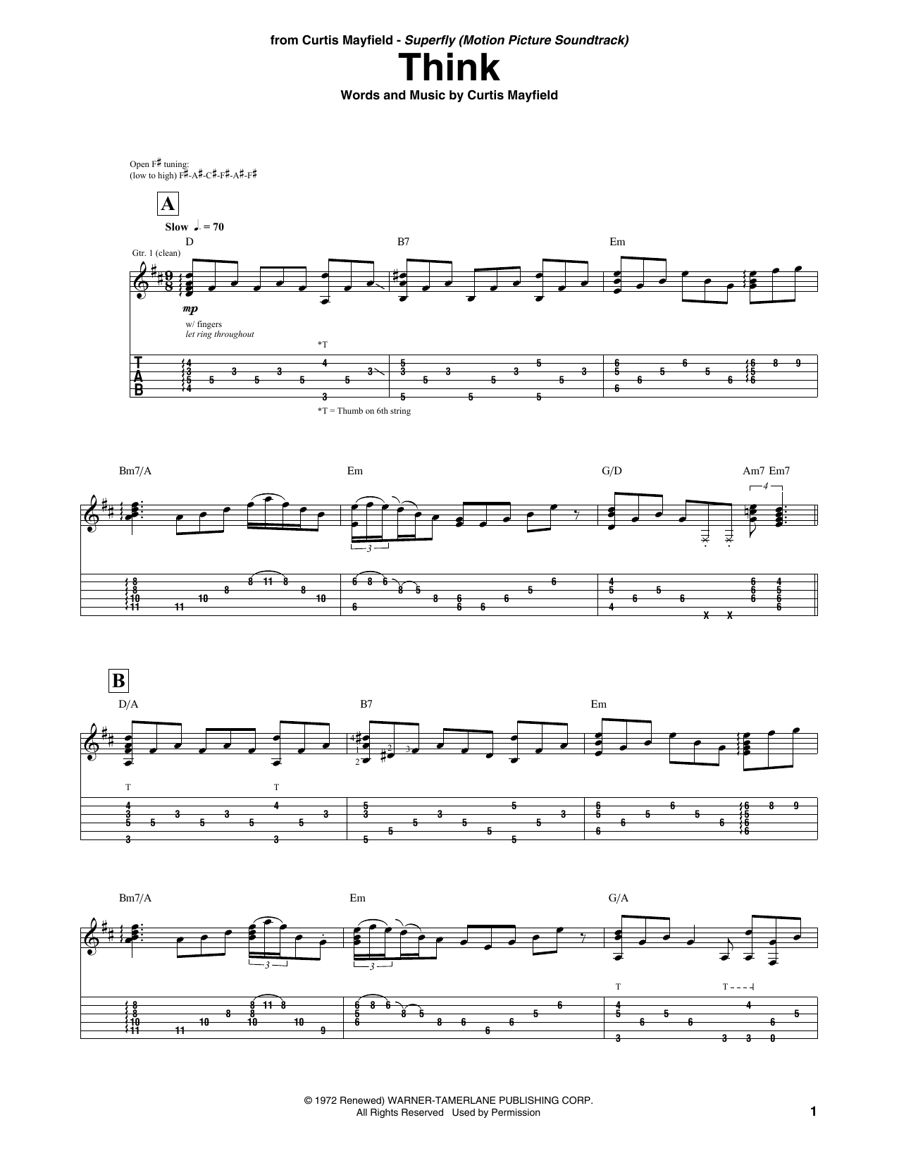 Curtis Mayfield Think Sheet Music Notes & Chords for Guitar Tab - Download or Print PDF