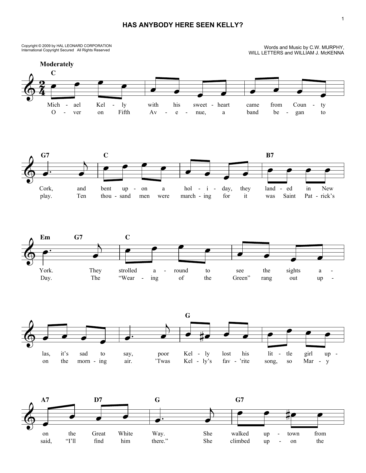 C.W. Murphy Has Anybody Here Seen Kelly? Sheet Music Notes & Chords for Melody Line, Lyrics & Chords - Download or Print PDF