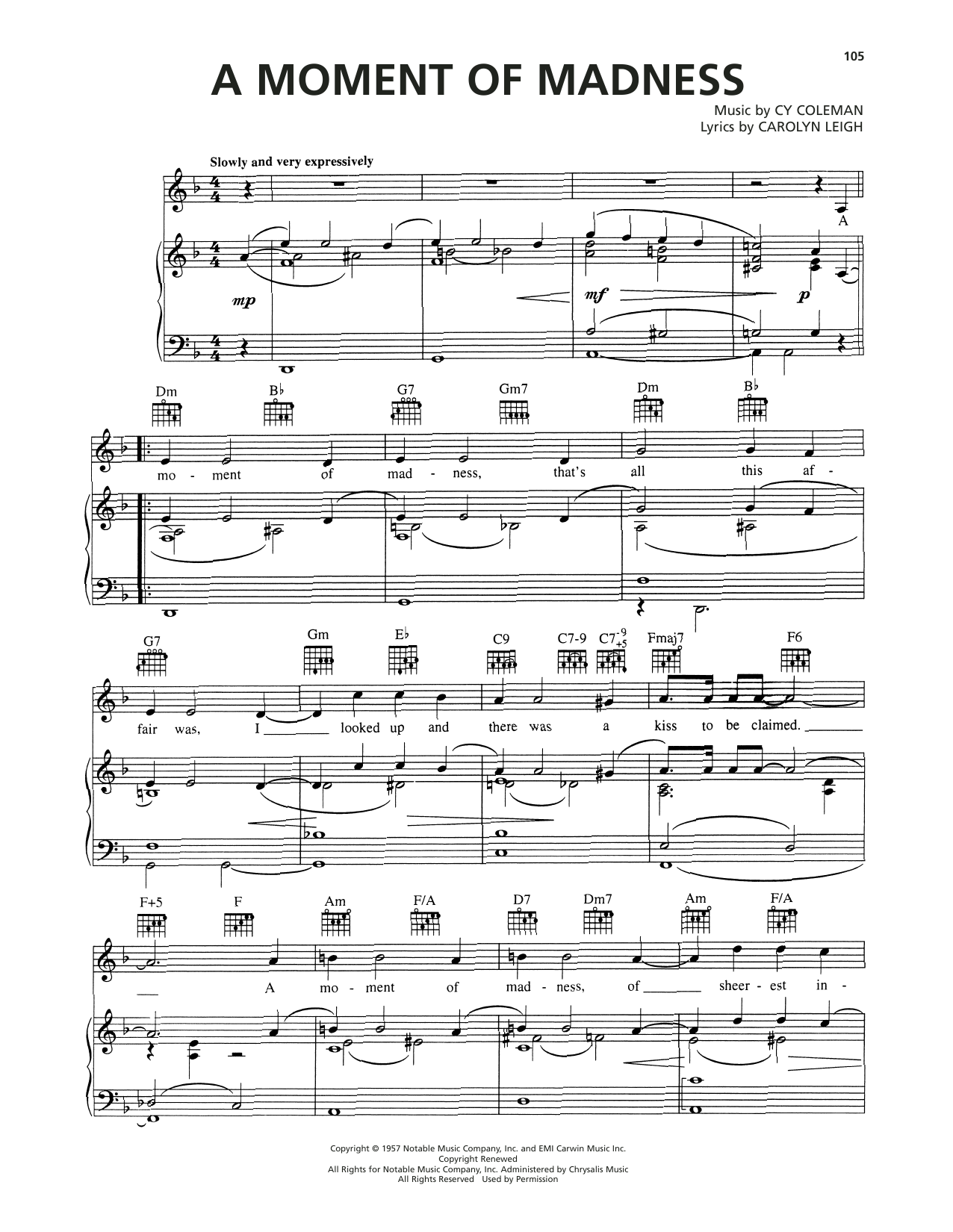 Cy Coleman A Moment Of Madness Sheet Music Notes & Chords for Piano, Vocal & Guitar Chords (Right-Hand Melody) - Download or Print PDF