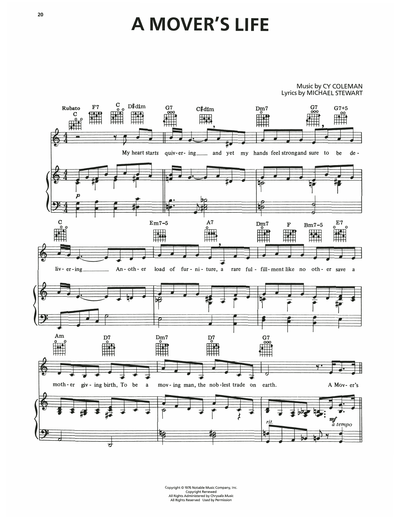 Cy Coleman A Mover's Life (from I Love My Wife) Sheet Music Notes & Chords for Piano, Vocal & Guitar Chords (Right-Hand Melody) - Download or Print PDF Cy Coleman A Mover's Life (from I Love My Wife) Sheet Music Notes & Chords for Piano, Vocal & Guitar Chords (Right-Hand Melody) - Download or Print PDF
