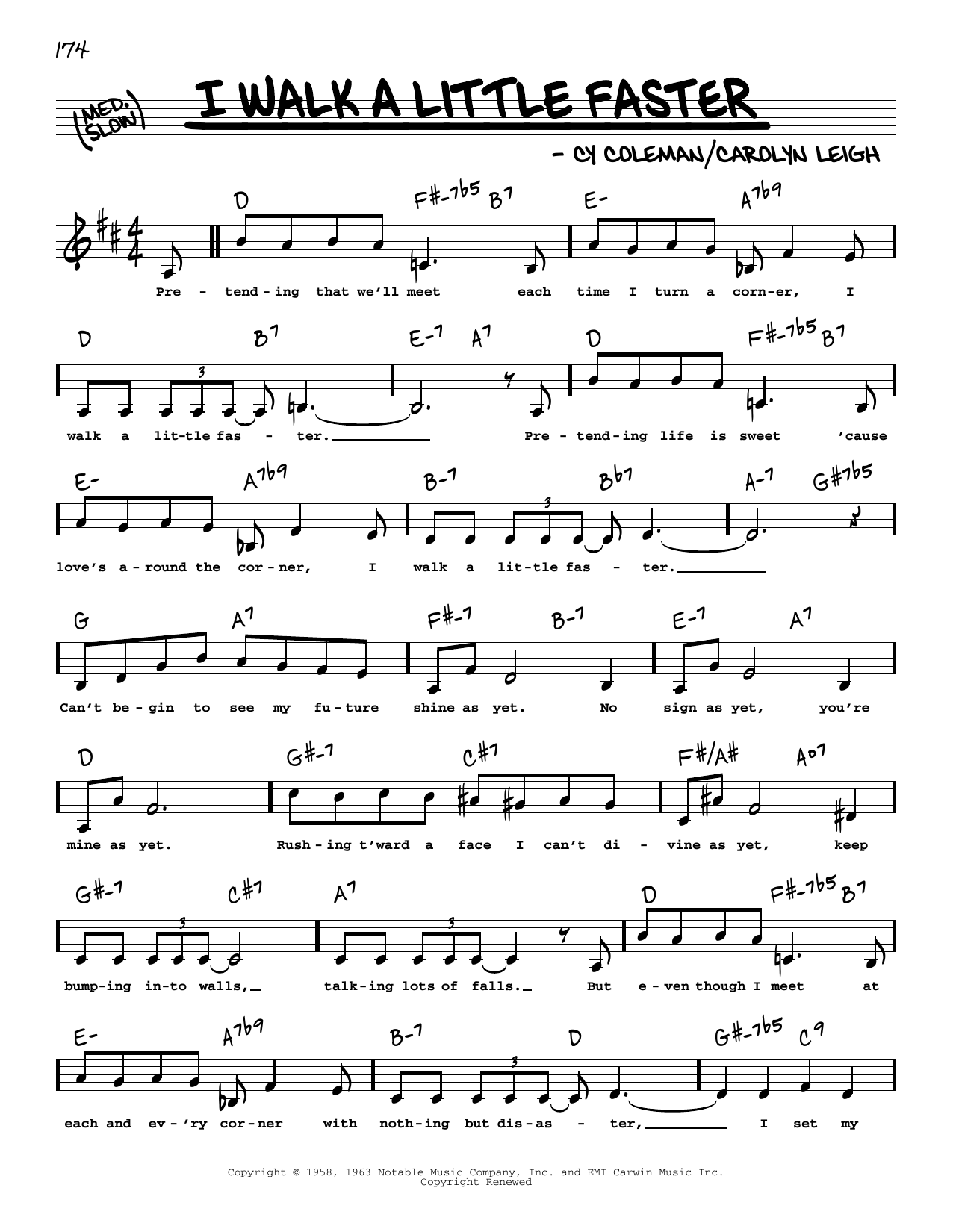 Cy Coleman and Carolyn Leigh I Walk A Little Faster (Low Voice) Sheet Music Notes & Chords for Real Book – Melody, Lyrics & Chords - Download or Print PDF