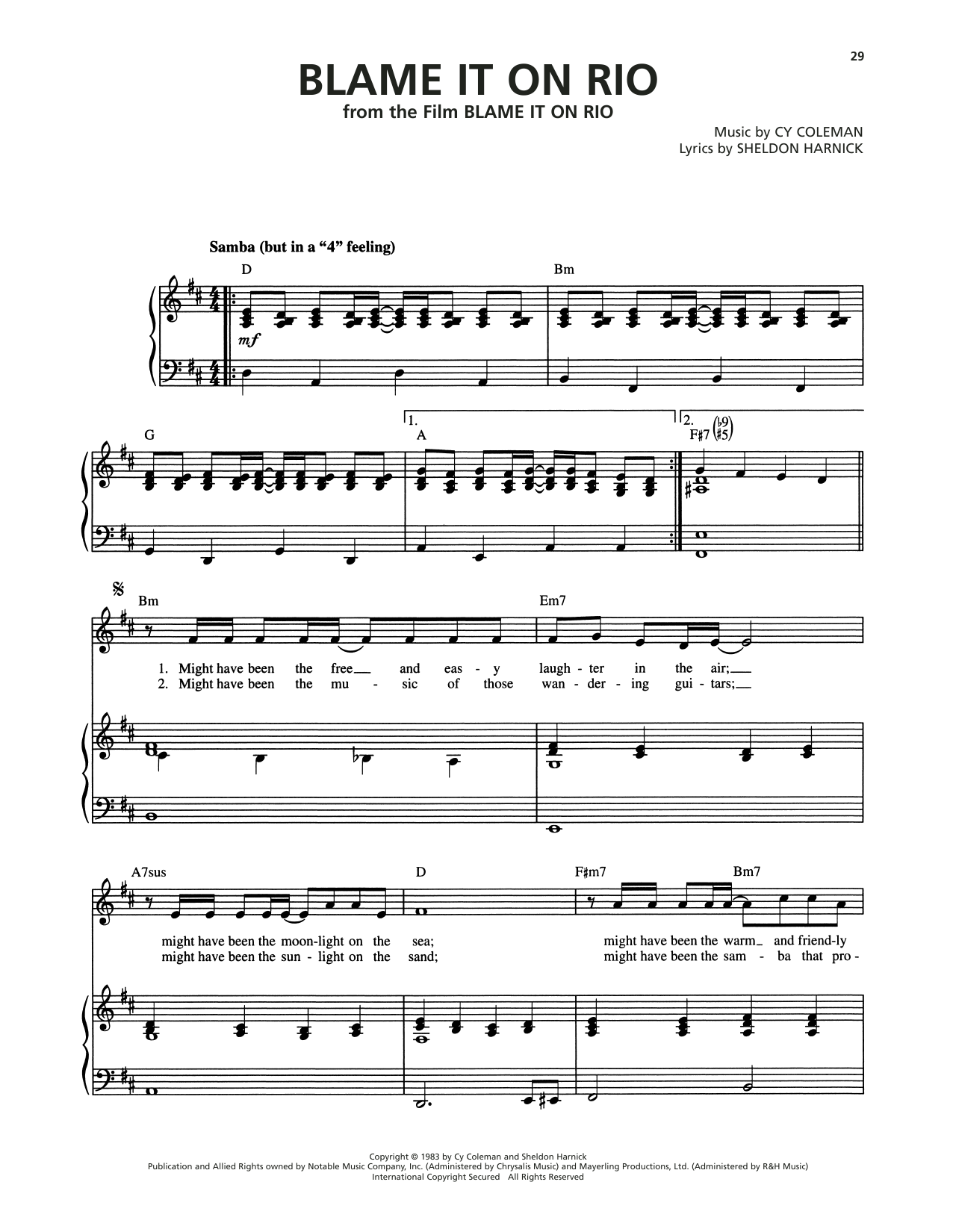 Cy Coleman Blame It On Rio Sheet Music Notes & Chords for Piano, Vocal & Guitar Chords (Right-Hand Melody) - Download or Print PDF