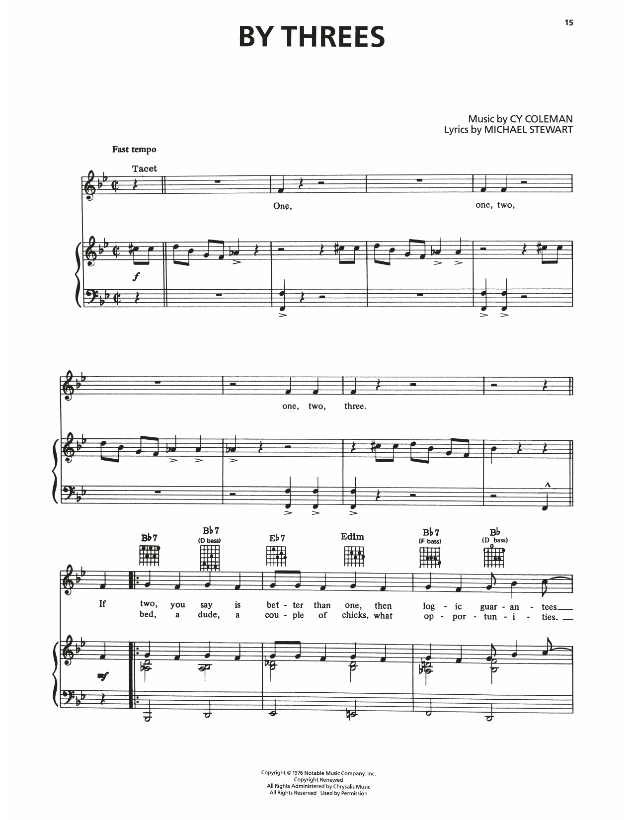 Cy Coleman By Threes (from I Love My Wife) Sheet Music Notes & Chords for Piano, Vocal & Guitar Chords (Right-Hand Melody) - Download or Print PDF
