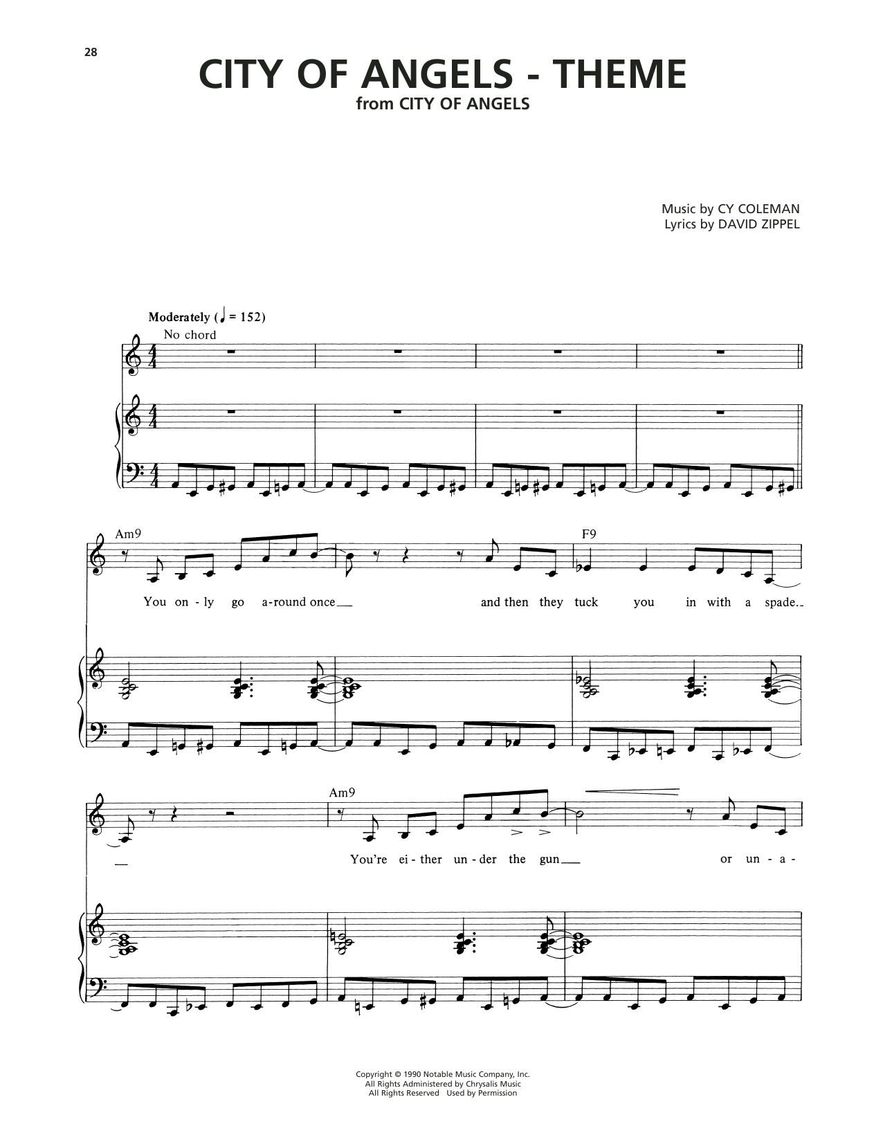 Cy Coleman City Of Angels - Theme Sheet Music Notes & Chords for Piano, Vocal & Guitar Chords (Right-Hand Melody) - Download or Print PDF