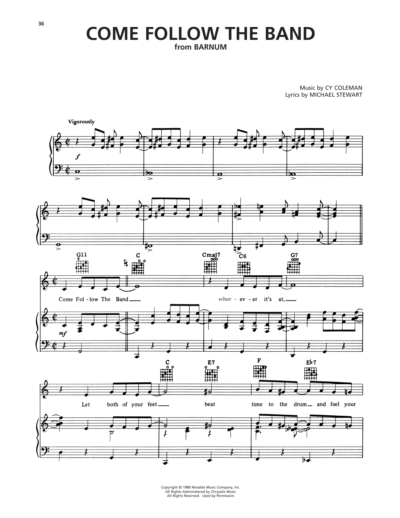 Cy Coleman Come Follow The Band (from Barnum) Sheet Music Notes & Chords for Piano, Vocal & Guitar Chords (Right-Hand Melody) - Download or Print PDF