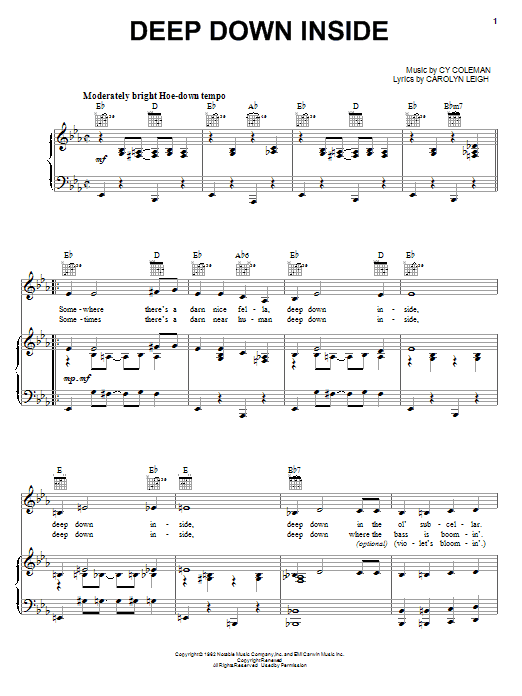 Cy Coleman Deep Down Inside Sheet Music Notes & Chords for Piano, Vocal & Guitar (Right-Hand Melody) - Download or Print PDF