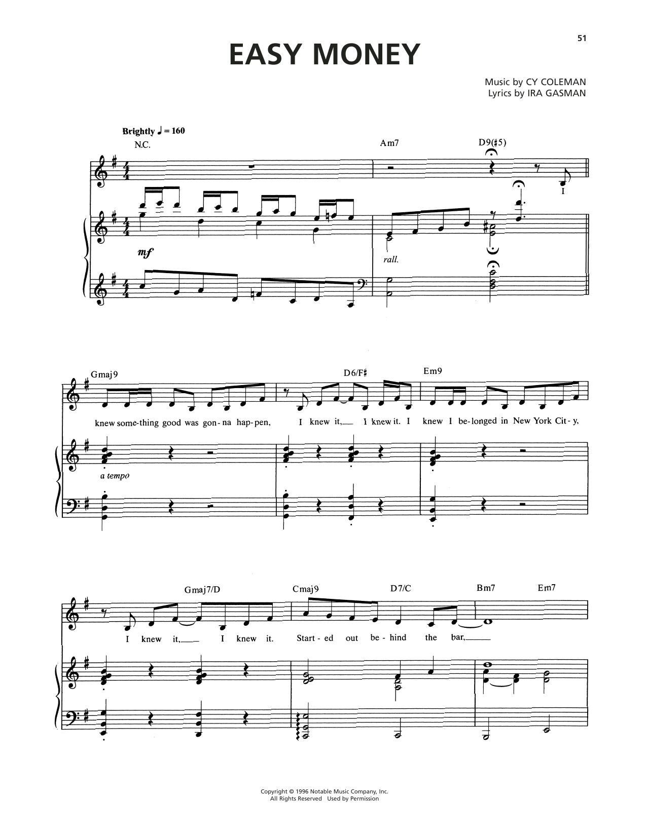 Cy Coleman Easy Money (from The Life) Sheet Music Notes & Chords for Piano & Vocal - Download or Print PDF