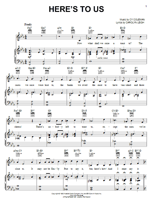 Cy Coleman Here's To Us Sheet Music Notes & Chords for Piano, Vocal & Guitar (Right-Hand Melody) - Download or Print PDF