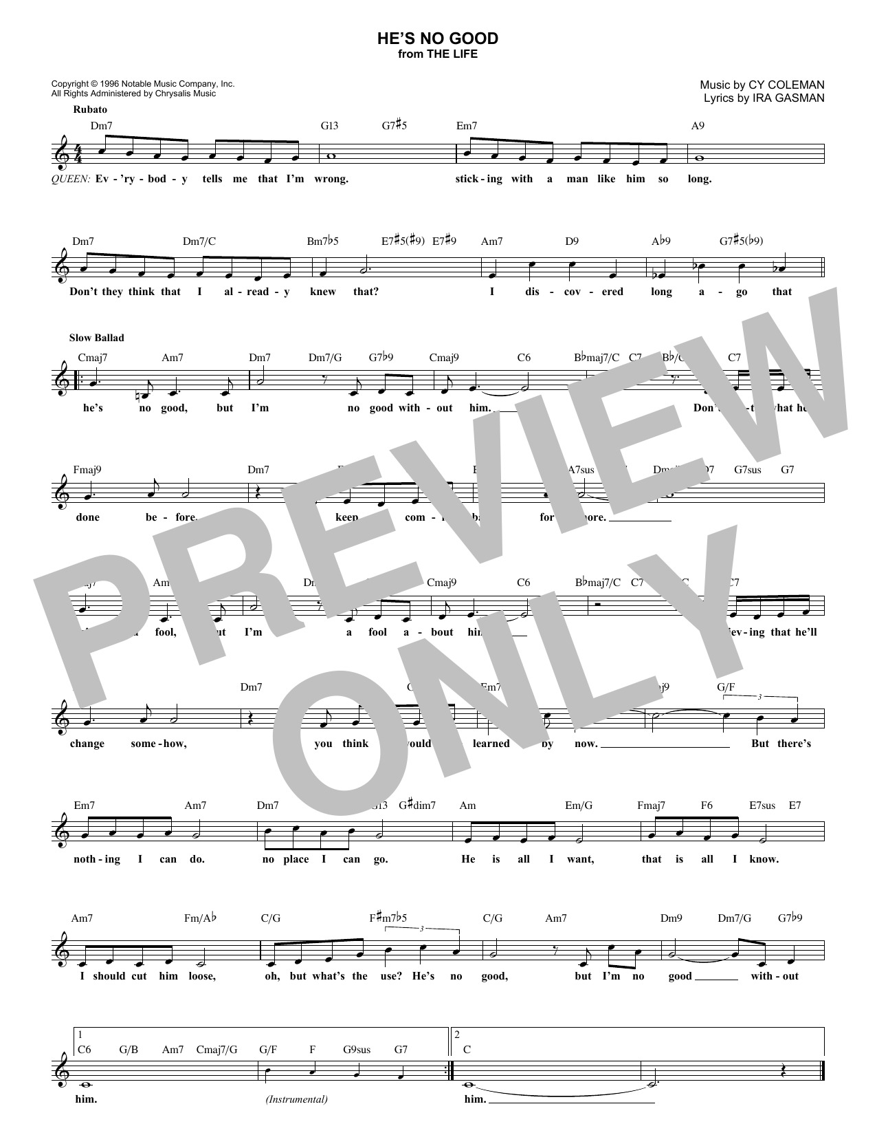 Cy Coleman He's No Good Sheet Music Notes & Chords for Melody Line, Lyrics & Chords - Download or Print PDF